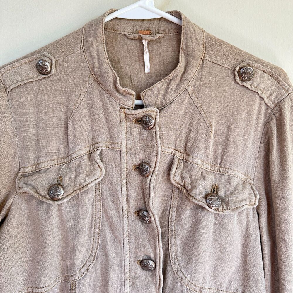 Free People Emilia Military Jacket Womens Small Linen Blend Lace Trim Khaki Boho